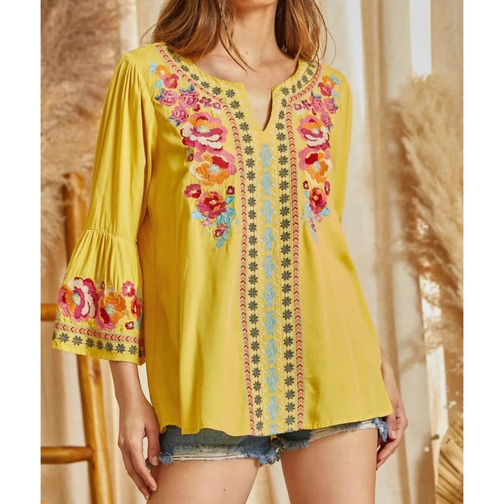 ANDREE BY UNIT Boho Embroidered Blouse L Mustard Yellow Peasant Bell Sleeve Folk